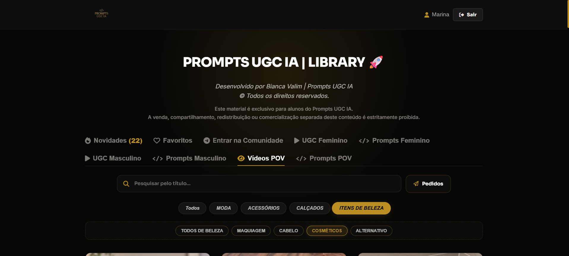 Dashboard real da plataforma Prompts UGC IA